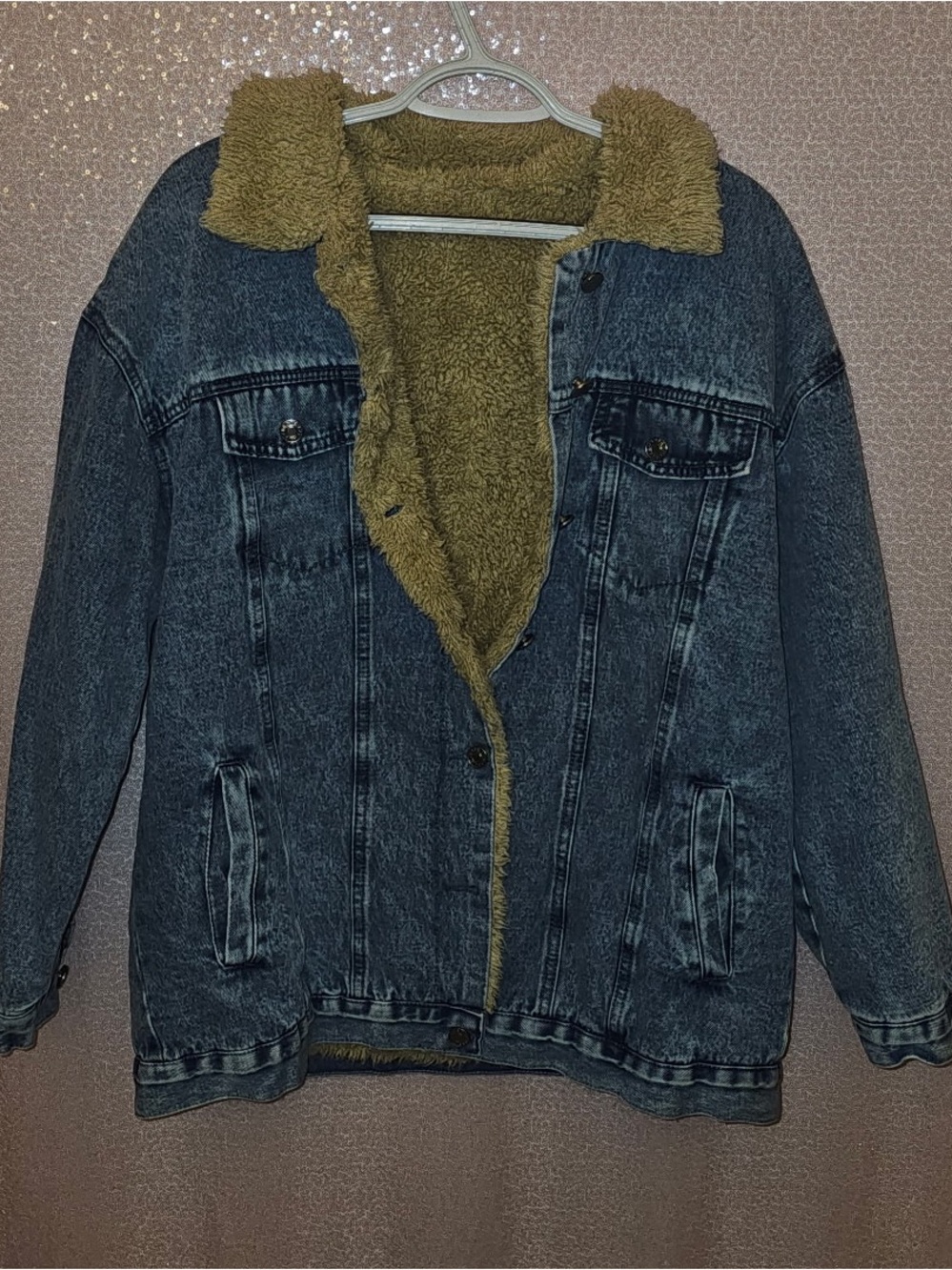NWOT Oversized Acid Wash Denim Jacket with Sherpa Collar - Tan Sherpa - Picture 5 of 6